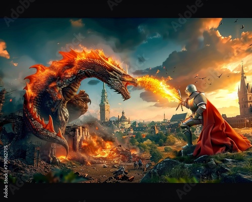 In the heart of a ruined metropolis, a knight duels a monstrous cyborg, his fiery drake breathing a torrent of flames at the enemy ,