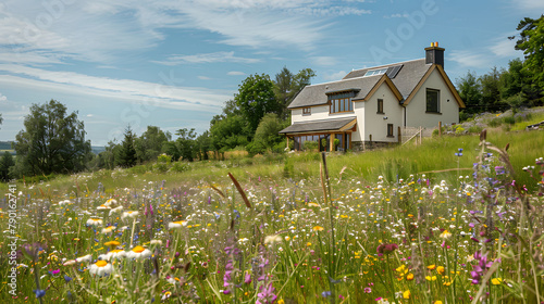 An innovative cottage with a bee garden. symbolizing biodiversity and green living in Scotland. The photo is taken from the hill