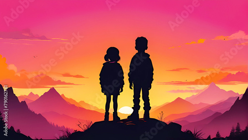 Silhouette of Children Watching Sunset, Mountain Landscape, Colorful Sky, Adventure, Friendship, Childhood, Tranquility, Beauty