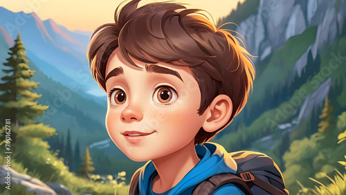 Portrait of a young child hiking in mountain illustration.