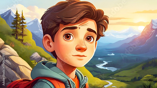 child in the mountains Landscape, Scenic View, Sunset Sky.