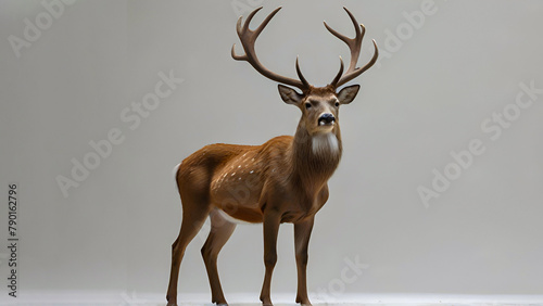 Close-up of a majestic deer with antlers, isolated on gray background.