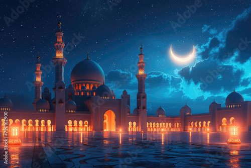 A mosque illuminated by the crescent moon at night, with lanterns floating in the sky and people celebrating Ramadan Kareem. Created with Ai