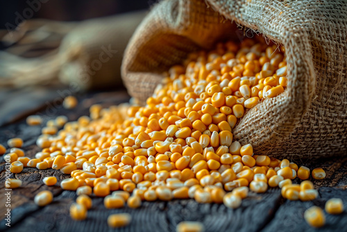 Golden corn kernels spilling from a burlap sack onto a rustic wooden surface, Concept of agriculture, harvest, and biofuel. photo
