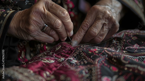 An intimate view of a tailor�s hands stitching complex patterns into cloth. exhibiting the expertise and artistry in garment making. The concentration is on detailed stitches with sewing needles photo