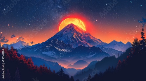 Majestic mountain at sunset with vibrant night sky and starry backdrop photo