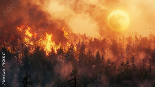 A dramatic scene of a wildfire raging through a forest, with thick smoke obscuring the setting sun. 
