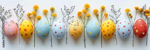 Easter Eggs Arranged in a Colorful Row with Yellow Flowers on White Surface photo