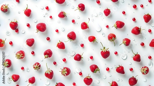 Miniature Red Strawberries Scattered on a White Background, Hand Edited Generative AI