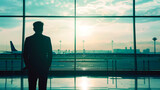 The silhouette of a young slender man at the airport against the background of a large glass window overlooking the planes.