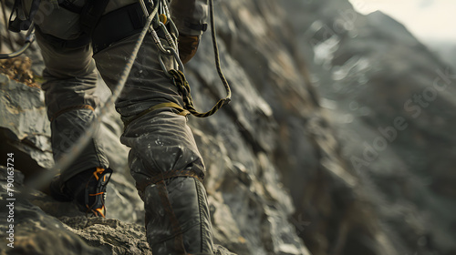 An up-close look at a mountain climbers harness as they ascend a rocky cliff. underscoring its robustness and reliability in challenging terrains.