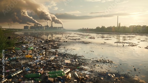 A hyperrealistic image of a polluted river, overflowing with trash and industrial waste, with a factory spewing smoke in the background.  photo