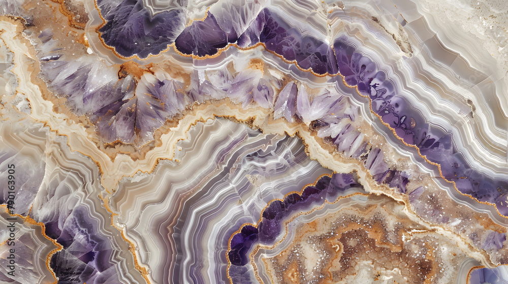 An up-close look at an abstract quartz design. with spiraling shades in hues of lavender and bronze. The background is beige
