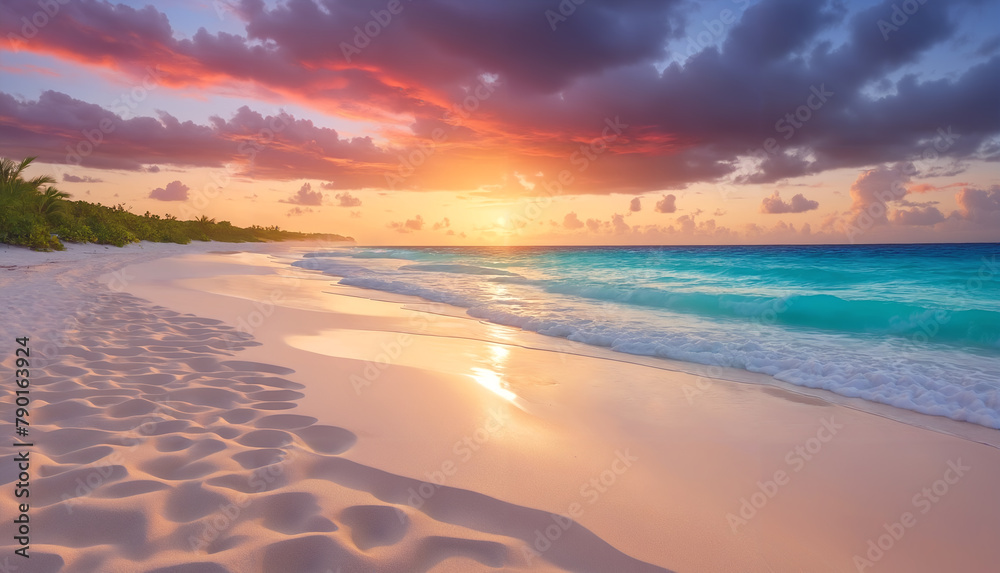 A beautiful beach scene with a sunset, ocean waves, and palm trees. The beach is sandy, and the sky is filled with clouds, creating a picturesque and serene atmosphere.