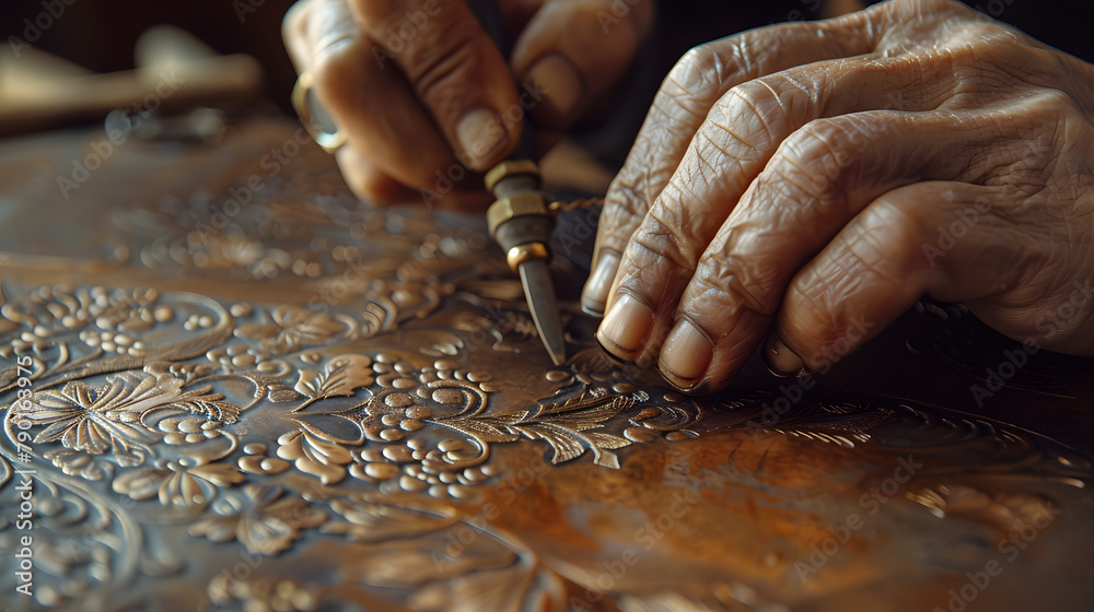 An up-close perspective of a jeweler’s hands engraving intricate motifs into metal. An up-close perspective of a jeweler’s hands engraving intricate motifs into metal.