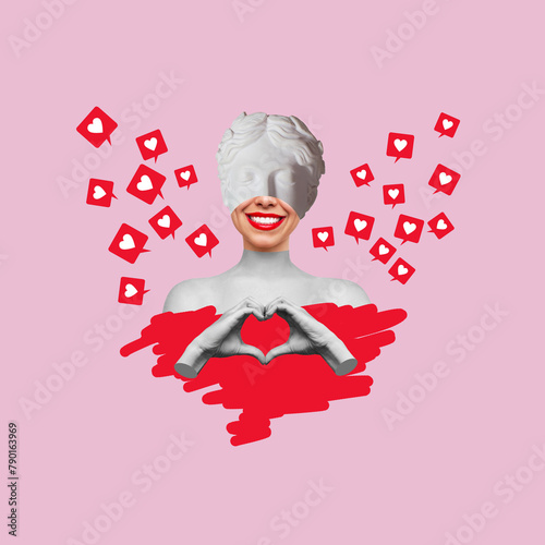 Young smiling woman headed by antique statue showing heart shape with hands and red media like symbols on pink color background. 3d trendy collage in magazine style. Contemporary art. Modern design
