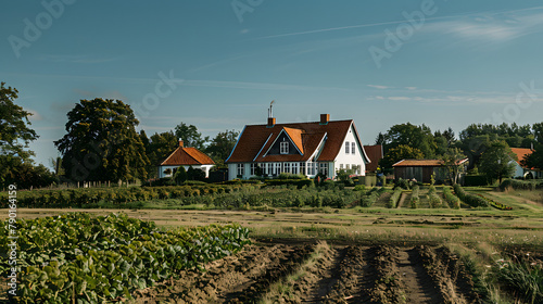 An up-to-date farmhouse with a geothermal heating system. embodying clean energy and sustainable living in Denmark. The photograph is taken from the field