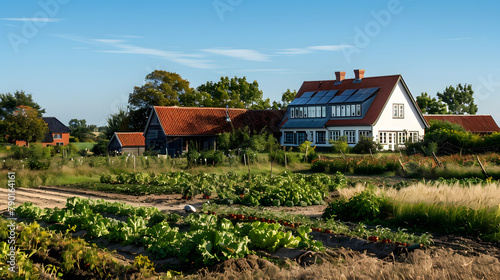 An up-to-date farmhouse with a geothermal heating system. embodying clean energy and sustainable living in Denmark. The photograph is taken from the field