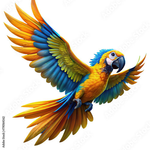 Macaw parrot in flight Isolated background.