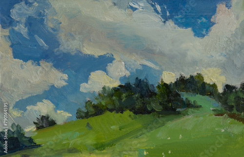 Wallpaper Mural Landscape clouds oil painting. A bright summer landscape, hand-drawn. Quick sketch, artistic illustration with paints. The concept of summer holidays and travel. Modern art, realistic landscape Torontodigital.ca
