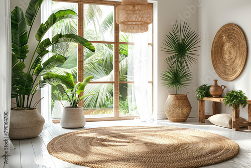 Boho style decorated living room, flat round jute rug in the middle of the picture, planters and palms outside big window view. Created with Ai