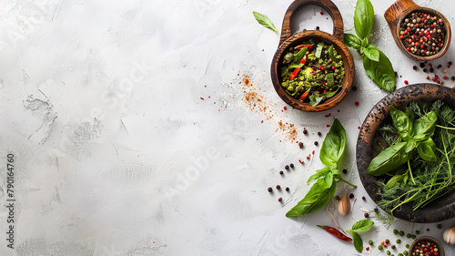 Assorted fresh herbs and spices in wooden bowls on a textured white background for flavoring food. 