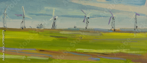 Landscape wind turbines oil painting. A beautiful illustration of a green field against the sky. Hand-drawn. Modern realistic painting . Horizontal art banner,layout for postcards, website design