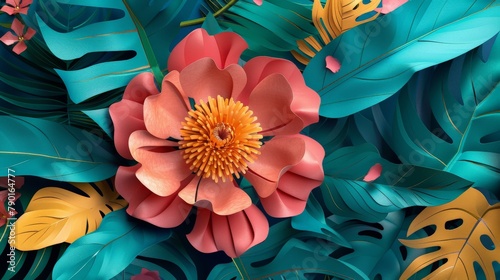 A layered papercut illustration of a vibrant tropical flower with layered petals and exotic leaves, crafted from colorful recycled paper with a touch of gold. 