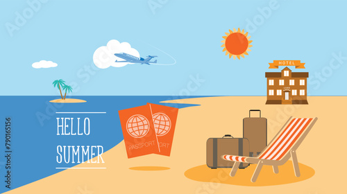 Summer banner. Holidays on the sea beach. Landscape with beach,  sky, sun, clouds, airplane, hotel and sea.  Vacation travel and summer holidays illustration. Vector