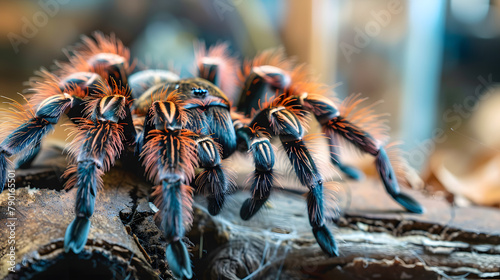 Close up of a captivating tarantula in an exotic pet store. its intriguing face with hairy body and legs
