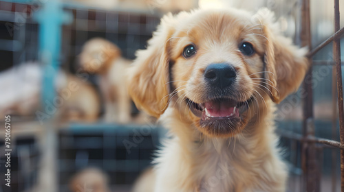 Close up of a cheerful puppy in a dog breeders shop. its lovely face with shiny fur and nose