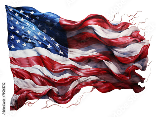 The waving flag of USA, red and white stripes and white stars. Isollated on the transparent background.