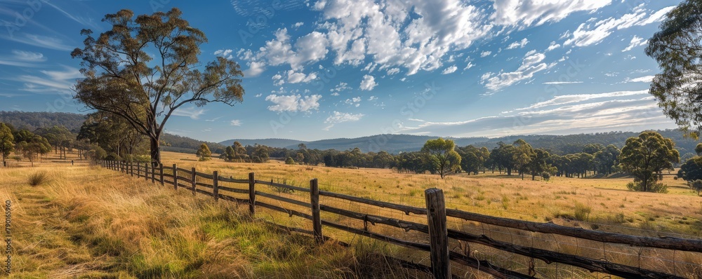 A rustic wooden fence winding through the landscape.