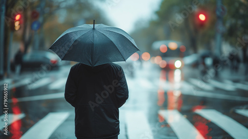 Lonely person holding a black umbrella On the road on a rainy day view from behind
