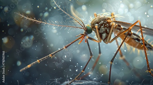 A macro photo of a mosquito, showcasing the intricate details of its proboscis and the feathery plumes on its antennae. photo