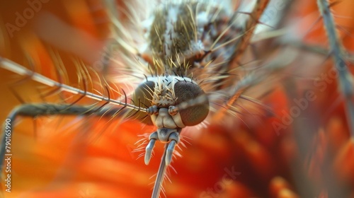 A macro photo of a mosquito, showcasing the intricate details of its proboscis and the feathery plumes on its antennae.