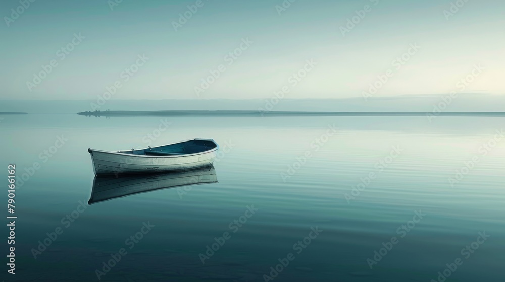 A lone boat floating on a calm outback lake.