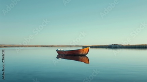 A lone boat floating on a calm outback lake. © taelefoto