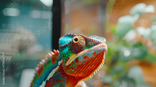 Close up of a vibrant chameleon in a reptile store. its unique face with colorful scales and eyes