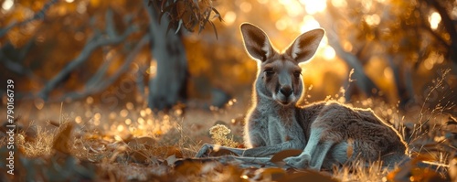 A kangaroo resting under the shade of a eucalyptus tree.