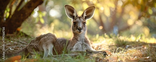 A kangaroo resting under the shade of a eucalyptus tree.