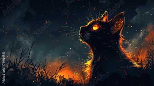Mystical black cat with fiery orange accents under a starry night sky