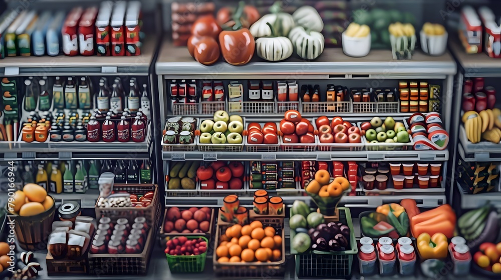Miniature Grocery Items and Products Arranged Neatly, Hand Edited Generative AI