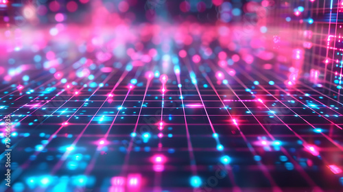 Digital background featuring an abstract grid with glowing light. creating a futuristic and cyberpunk-inspired backdrop for product display. The vibrant colors of pink