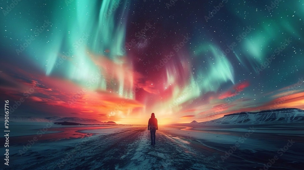 Silhouette of a man walking along the road against the background of the night sky with northern lights, Aurora borealis