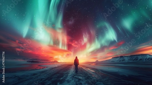 Silhouette of a man walking along the road against the background of the night sky with northern lights, Aurora borealis