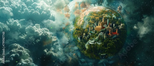 A digital painting of a fantasy world with a city on a floating island in the sky.