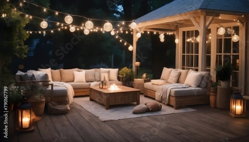A cozy outdoor patio with a wooden deck, comfortable seating arrangements, and string lights hanging overhead, creating a warm and inviting atmosphere