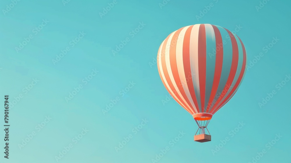 Fototapeta premium A minimalist composition of a hot air balloon rendered with basic shapes and contrasting colors, floating in a clear blue sky.