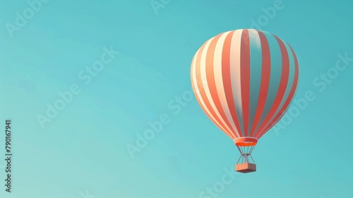 A minimalist composition of a hot air balloon rendered with basic shapes and contrasting colors, floating in a clear blue sky.